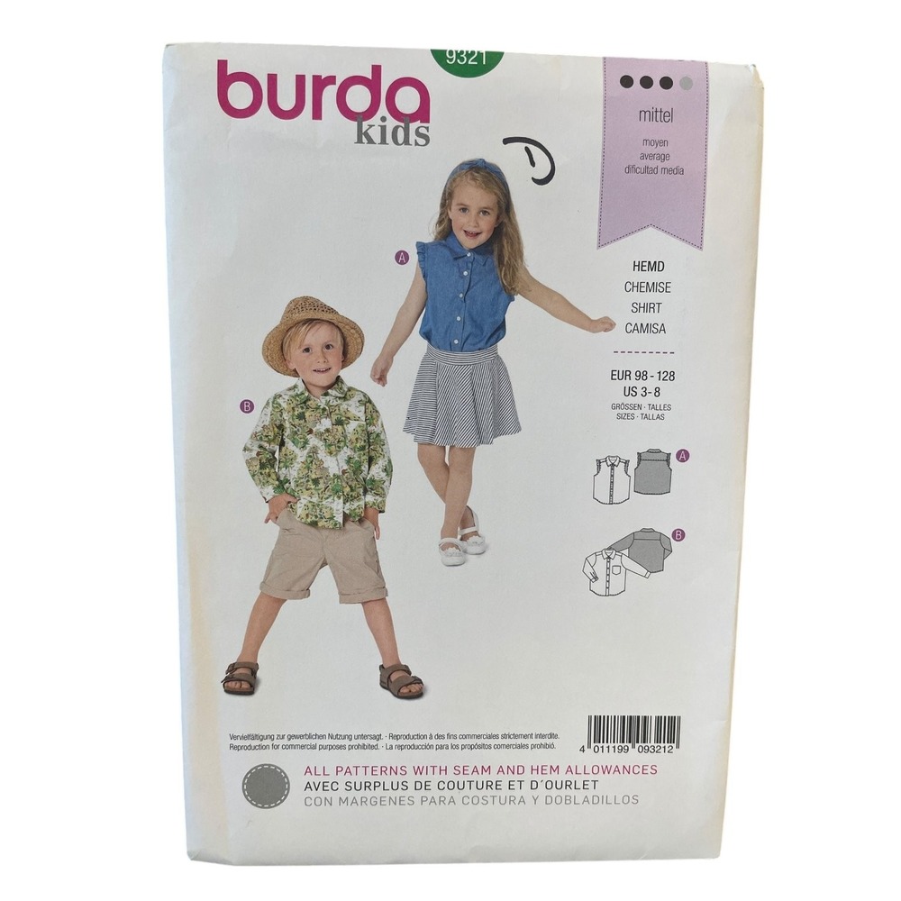 Burda 9321 Kids Shirt Sewing Pattern US 3-8 Semi-Fitted